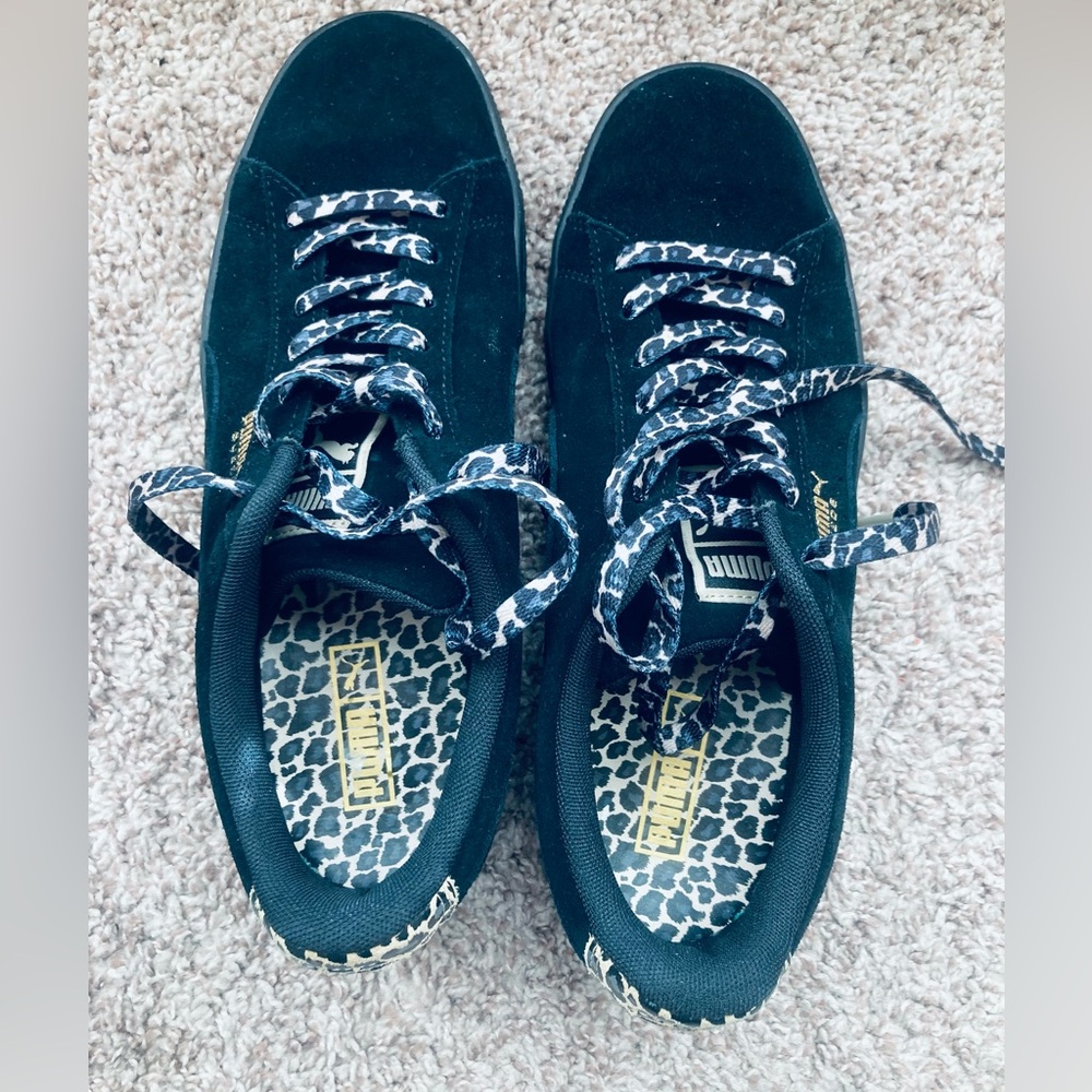Puma Black Suede Wild Leopard Print Low Top Sneakers Sz 9.5 Lace Up Shoes